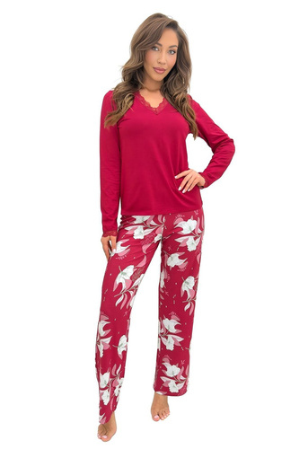 Pijamale damă Donna Brigitte Long bordo, vâscoză, dantelă, mânecă lungă