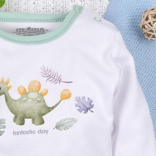 Body din bumbac organic cu desen dinozaur explorator ABN-5565 Nini alb – bumbac organic, mânecă lungă