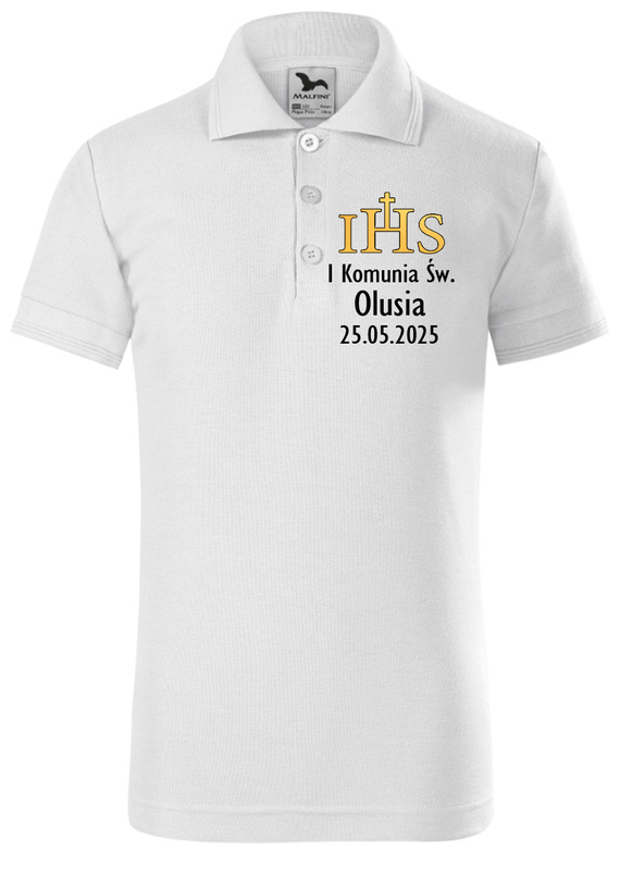 „Prima Împărtășanie cu nume și data” Tricou polo cu mânecă scurtă Moocha, alb