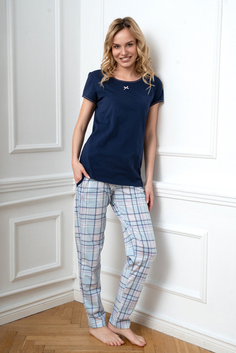 Glamour Ladies' pijama cu mânecă scurtă și pantaloni lungi Italian Fashion - albastru navy/print