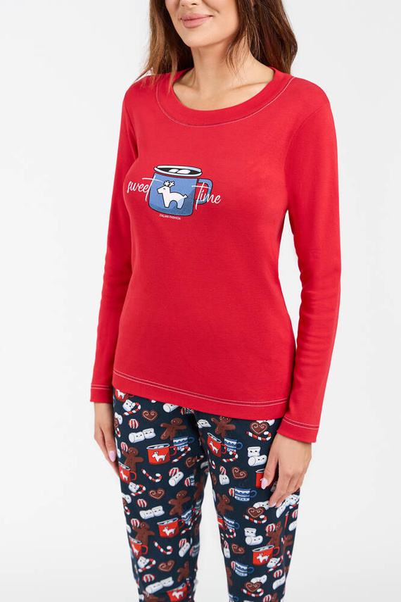 Makala Pijama cu mânecă lungă și pantaloni lungi de damă Italian Fashion - roșu/print