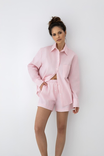 Pijama damă Sensis Bellina roz din bumbac cu nasturi și buzunare