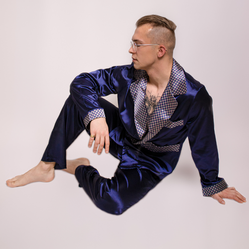 939 Pijama bărbătească din satin - albastru marin 