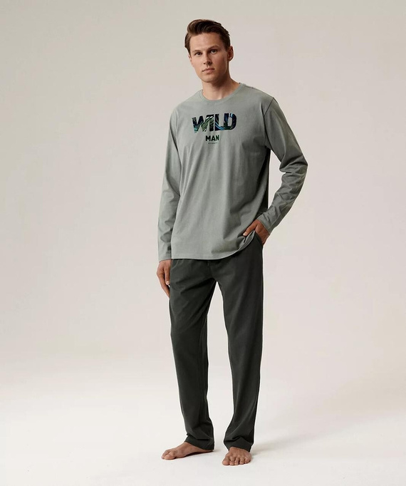 Pijamale bărbați NMP-392 Atlantic - bumbac verde/kaki, mâneci lungi, set elegant pentru nopțile reci