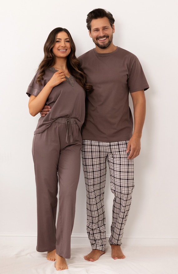Pijamale damă Regina 4008 100% bumbac dantelă satin pantaloni lungi - maro