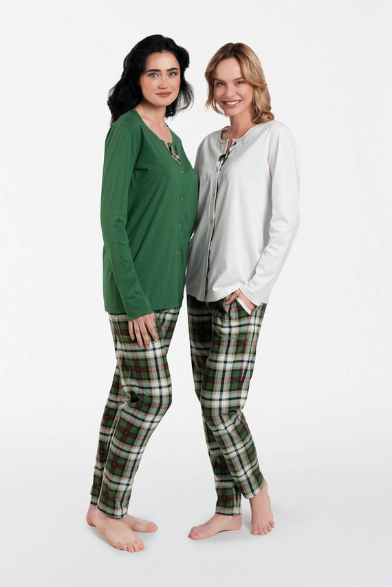 Asama Pijama de damă descheiată cu mânecă lungă, pantaloni lungi Italian Fashion - ecru/print