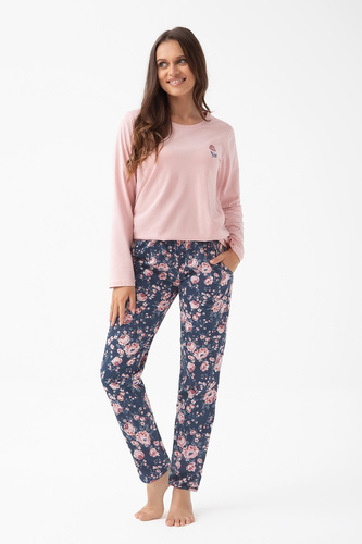 318 Pijamale dama Luna roz – bumbac, maneci lungi, pantaloni florali, confort si stil