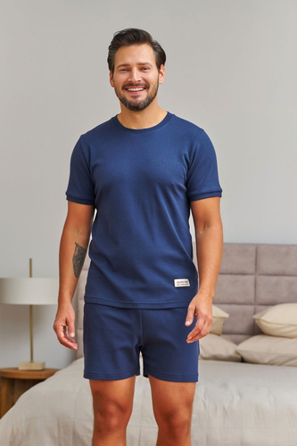 Pijamale bărbați Doctor Nap 7413 bleumarin, din bumbac cu dungi, tricou și șorturi
