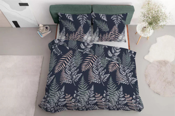 5036 A Lenjerie de pat din microfibră Detexpol cu frunze de ferigă, bleumarin