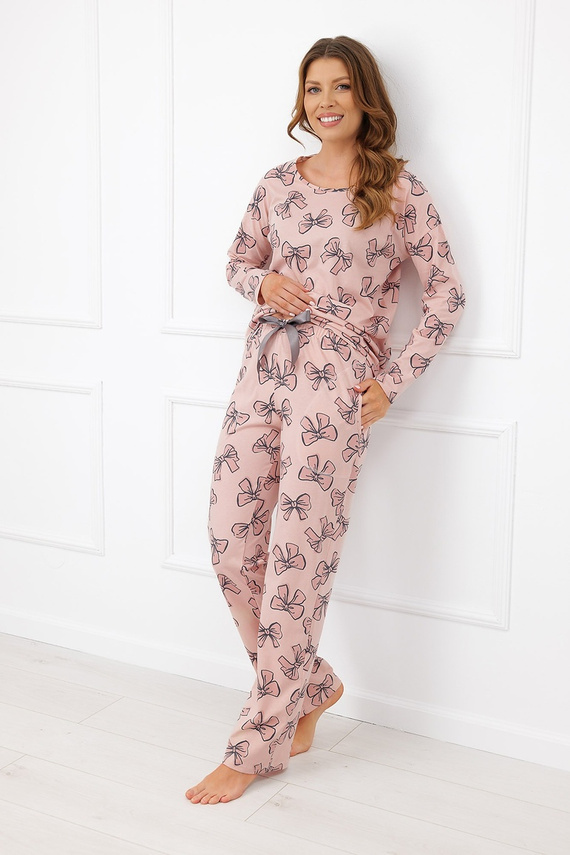 Italian Fashion Silano pijama damă din bumbac, lungă, cu fundițe, buzunare