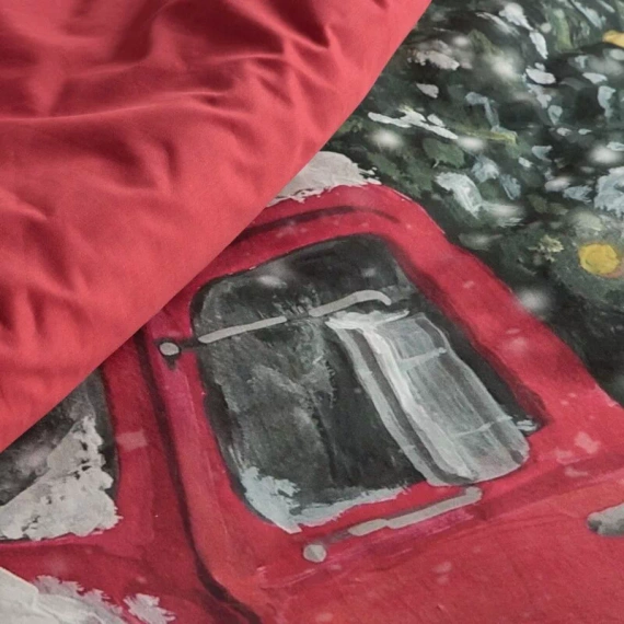 Set de lenjerie de pat Vinti Eurofirany de Crăciun – carouri roșii cu motiv de mașină, 100% bumbac