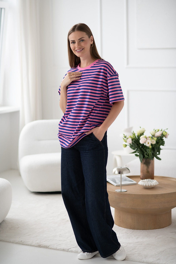 Tricou pentru maternitate și alăptare Mamahood Milk&Love, dungi roz și albastre - confortabil și elegant