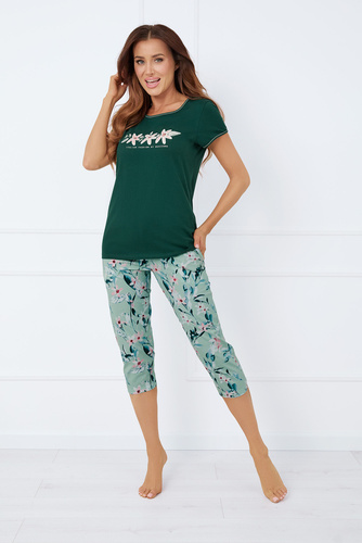 Florisa Pijama cu mânecă scurtă pentru femei, pantaloni 3/4 Italian Fashion - verde închis/print