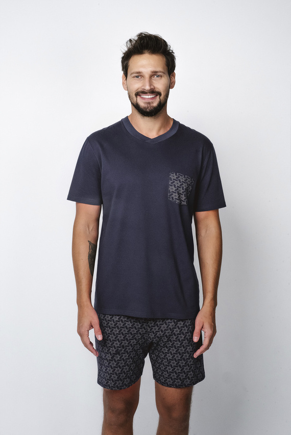 Diaz Pijama cu mânecă scurtă pentru bărbați, pantaloni scurți Italian Fashion - albastru marin/print