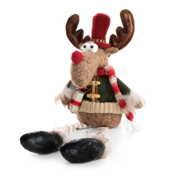 Figurină de ren de Crăciun într-o ținută de iarnă din țesături moi. Perdele euro bej