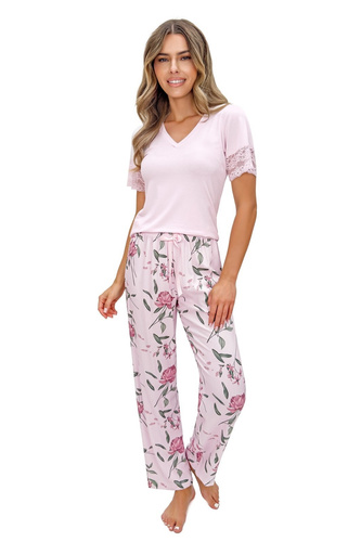 Pijama damă Donna Gabriela Long vâscoză dantelă decolteu V confort