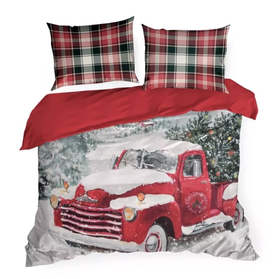 Set de lenjerie de pat Vinti Eurofirany de Crăciun – carouri roșii cu motiv de mașină, 100% bumbac