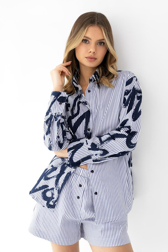 Pijama damă Hallie bumbac dungi nasturi mânecă lungă confort