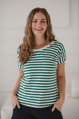 Bluză reversabilă de maternitate și alăptare Two Ways | Mânecă scurtă, confortabilă Milk&Love dungi verzi și albe