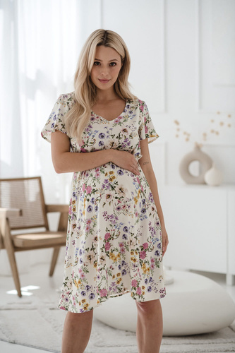Lovely Dress Rochie de maternitate si alaptare, maneca scurta Milk&Love, crem cu flori