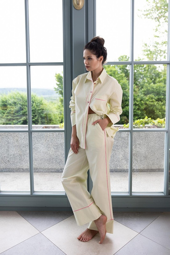 Pijama damă Sensis Raven lime – bumbac, cămașă cu nasturi și pantaloni