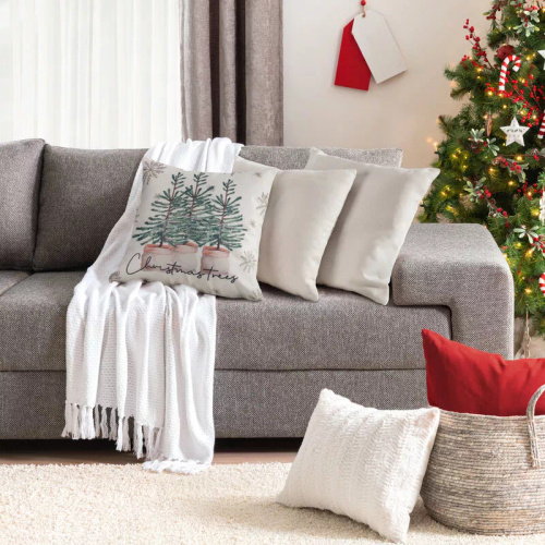 Față de pernă de Crăciun Eurofirany Chp 223 – crem cu brazi verzi, decorativă