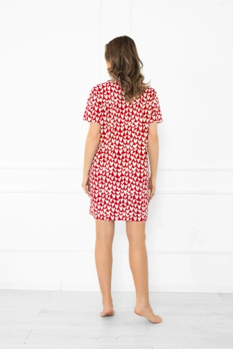 Ksenia – cămașă de noapte damă din bumbac cu inimioare albe, mânecă scurtă, cu nasturi | Italian Fashion