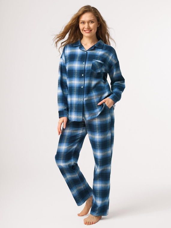 Pijamale damă Key LNS 465 albastre din flanel, cu nasturi, 100% bumbac