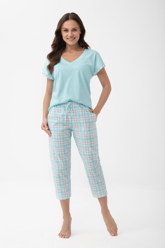 Piżamă damă 1300 Luna bumbac cu mânecă scurtă și pantaloni 7/8 turcoaz
