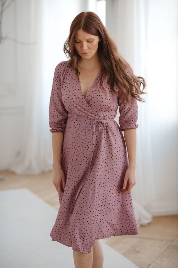 Rochie de maternitate si alaptare Milk Shake, maneca 3/4 Milk&Love, liliac cu buline