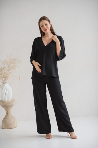 Bluză de maternitate Mamafullness Milk&Love, neagră – viscoză, mâneci 3/4, oversize