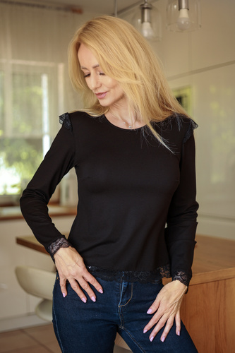 Mirale Ivy Bluză damă din vâscoză cu dantelă, elegantă, mânecă lungă - neagră