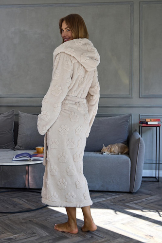 L&L Fibi 2635 Halat de damă lung cu glugă, moale, model lăbuțe de câine - angora