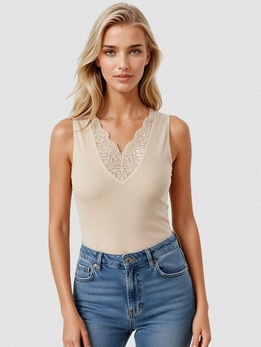 Top damă Ovena Eldar din vâscoză cu nervuri și decolteu V cu dantelă