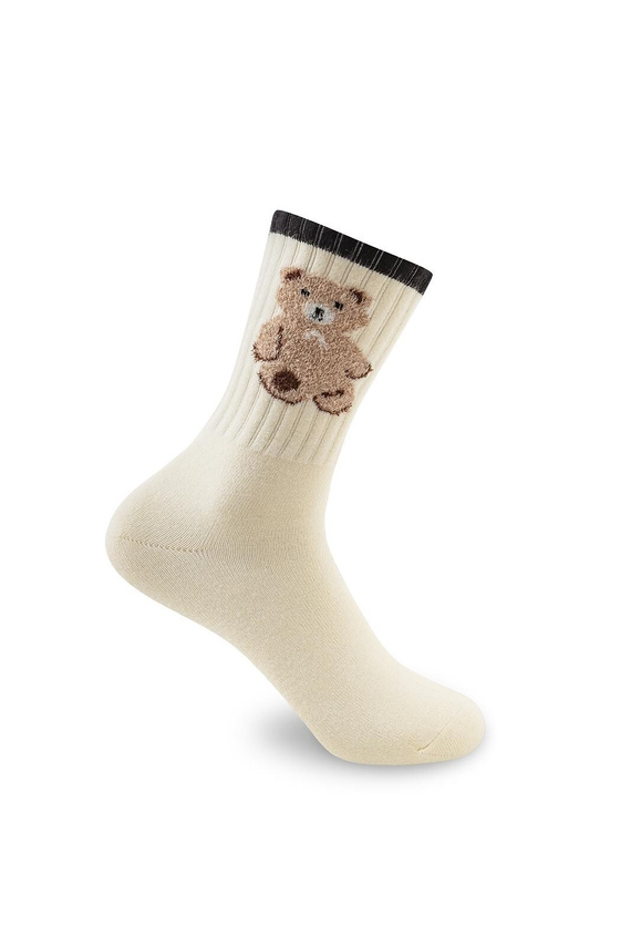 Be Snazzy SK-136 Șosete damă de iarnă moi, fără presiune, ecru, cu model ursuleți