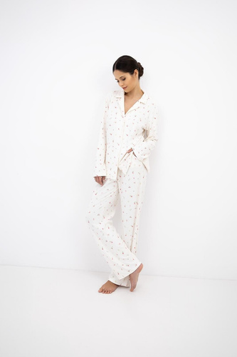 Sensis Valerie Ecru Pijamale damă de iarnă jacquard cu nasturi, model floral