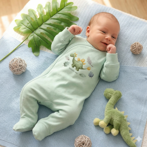 Salopă pentru bebeluși ABN-5568 Dino Explorer Nini Mentă | Bumbac organic, închidere cu capse
