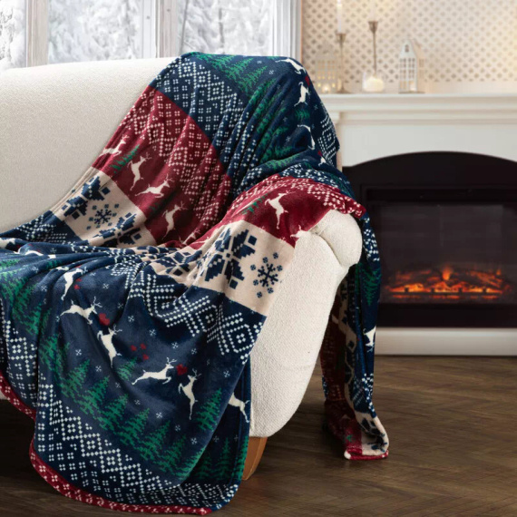 Pătură de Crăciun Eurofirany, bleumarin și roșu cu model scandinav – o pătură moale din microfibră, 240 g/m²