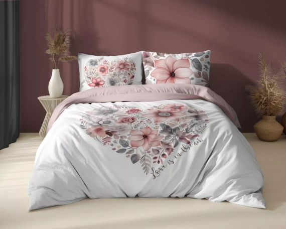 Set de lenjerie de pat 5126 A Holland Detexpol din bumbac, alb cu o inimă florală roz – 100% bumbac, față-verso, producție poloneză