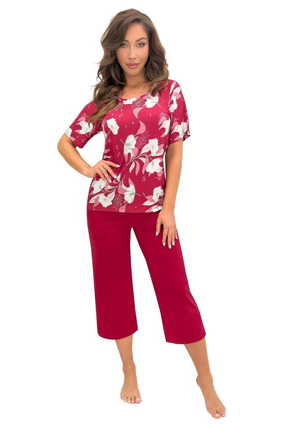 Pijamale damă Donna Brigitte bordo, vâscoză, mânecă scurtă, pantaloni 3/4