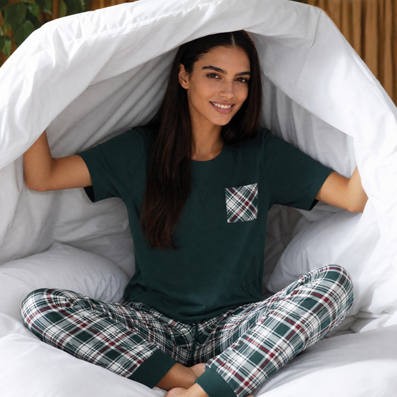 Cornette Scarlett 730/483 Pijamale damă verde 100% bumbac în carouri