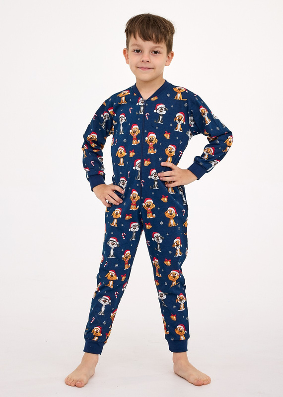 Salopetă Cornette de Crăciun pentru copii, model Dog 2, bumbac, mâneci lungi, imprimeu de Crăciun, model Dog 2, 185/180