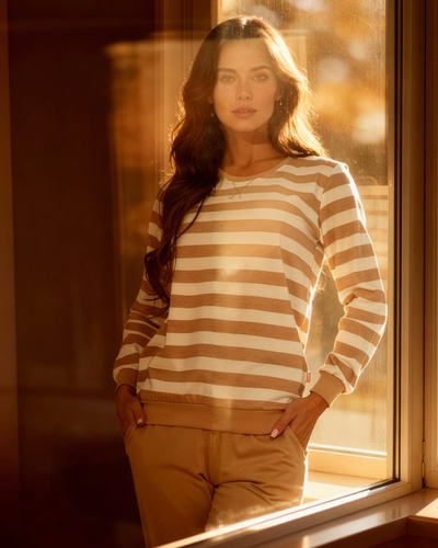 635/467 Cornette Molly 2 pijamale dama | Pantaloni din bumbac, cu dungi ecru, cu buzunare