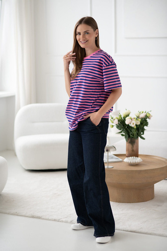 Tricou pentru maternitate și alăptare Mamahood Milk&Love, dungi roz și albastre - confortabil și elegant