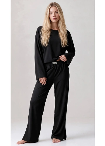 Pijamale damă Luna 1312 100% bumbac oversize pantaloni largi homewear - negru