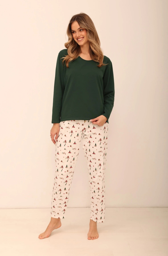 Pijamale damă Taro 3688 Zaria verde din bumbac, cu pantaloni lungi, de Crăciun