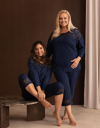 Pijamale damă Regina 4014 100% bumbac dantelă mânecă lungă 3/4 - bleumarin