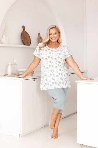 Pijama Damă Regina 730 din 100% Bumbac – Tricou cu Buline Colorate, Mânecă Scurtă, Pantaloni 3/4, Confort de Vară