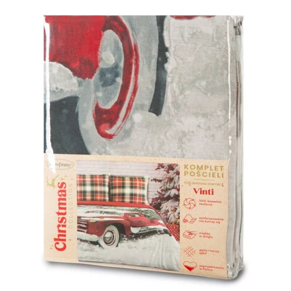Set de lenjerie de pat Vinti Eurofirany de Crăciun – carouri roșii cu motiv de mașină, 100% bumbac