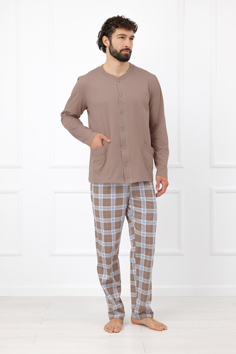 Italian Fashion Wilhelm pijama bărbați 100% bumbac nasturi carouri - cappuccino
